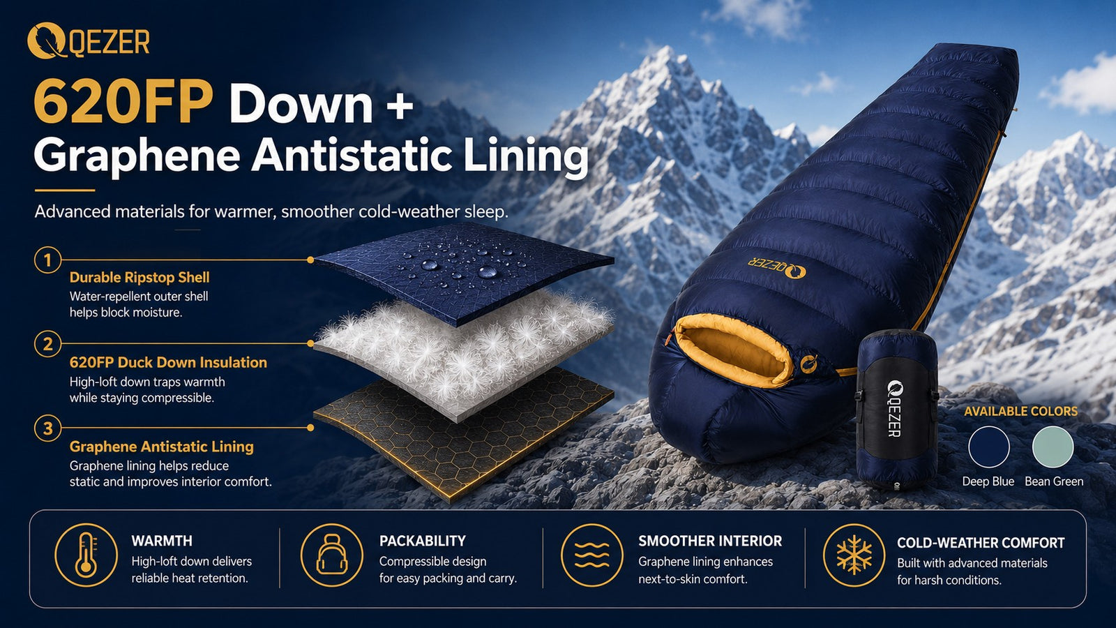 QEZER Graphene Antistatic Mummy Down Sleeping Bag for Winter Camping detail image 5