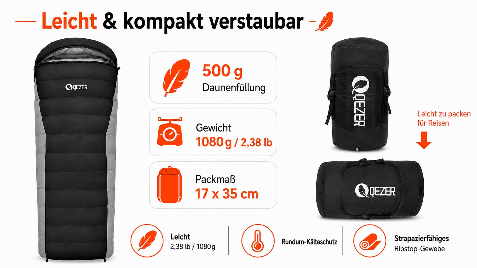 QEZER Rechteckiger Daunenschlafsack in verschiedenen Farben | 2-in-1 Camping-Schlafsack Campingdecke