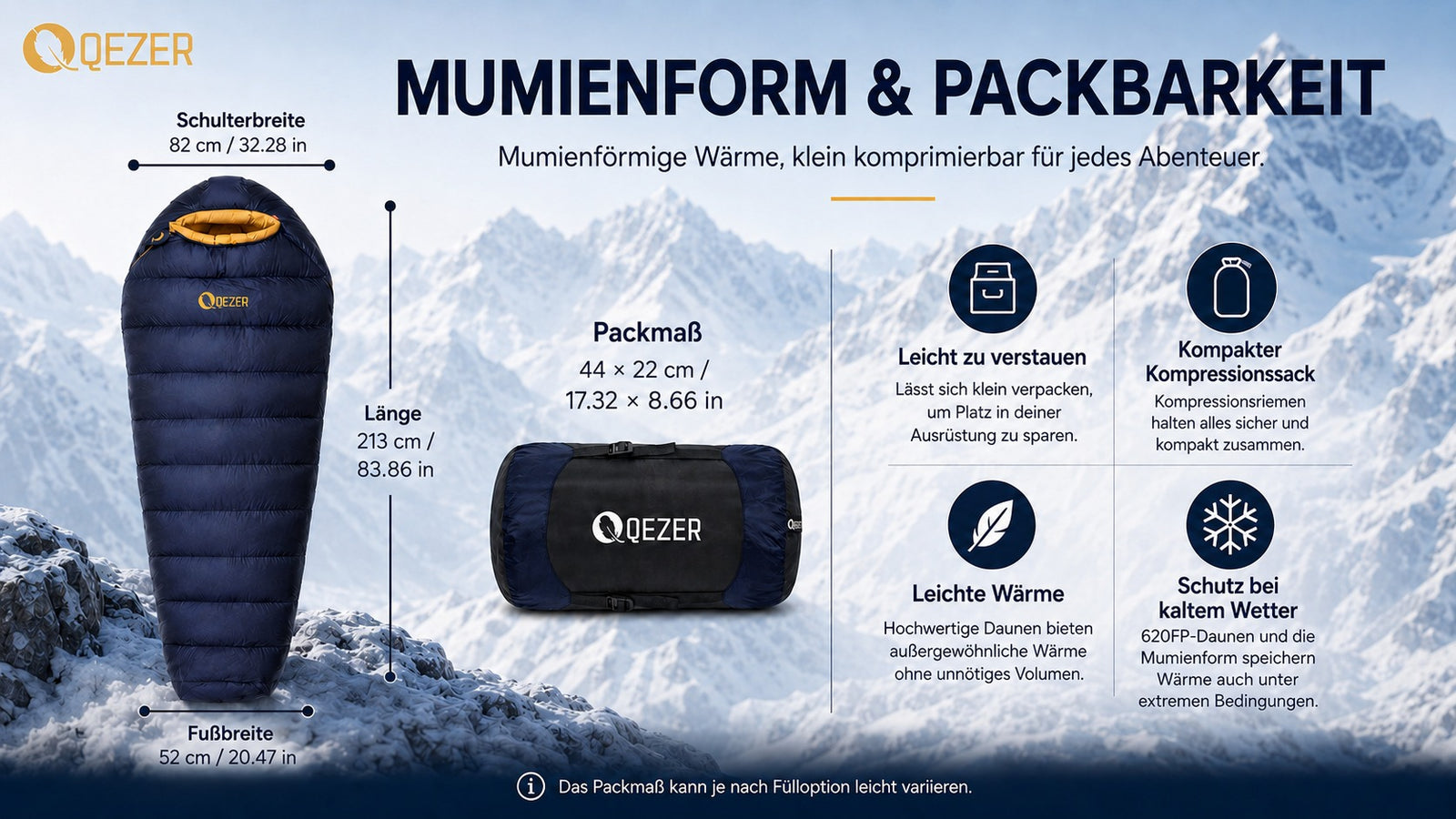 QEZER 620FP Graphen-Antistatik-Daunenschlafsack für Wintercamping