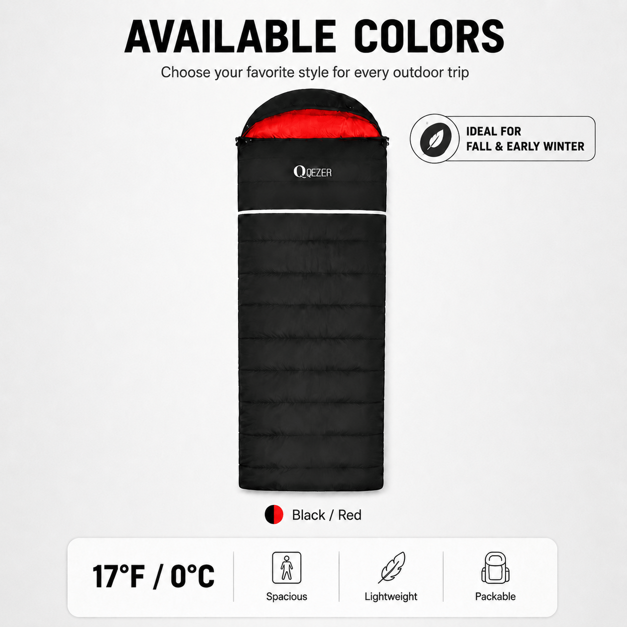 QEZER Rectangular Down Sleeping Bag for Camping & Travel