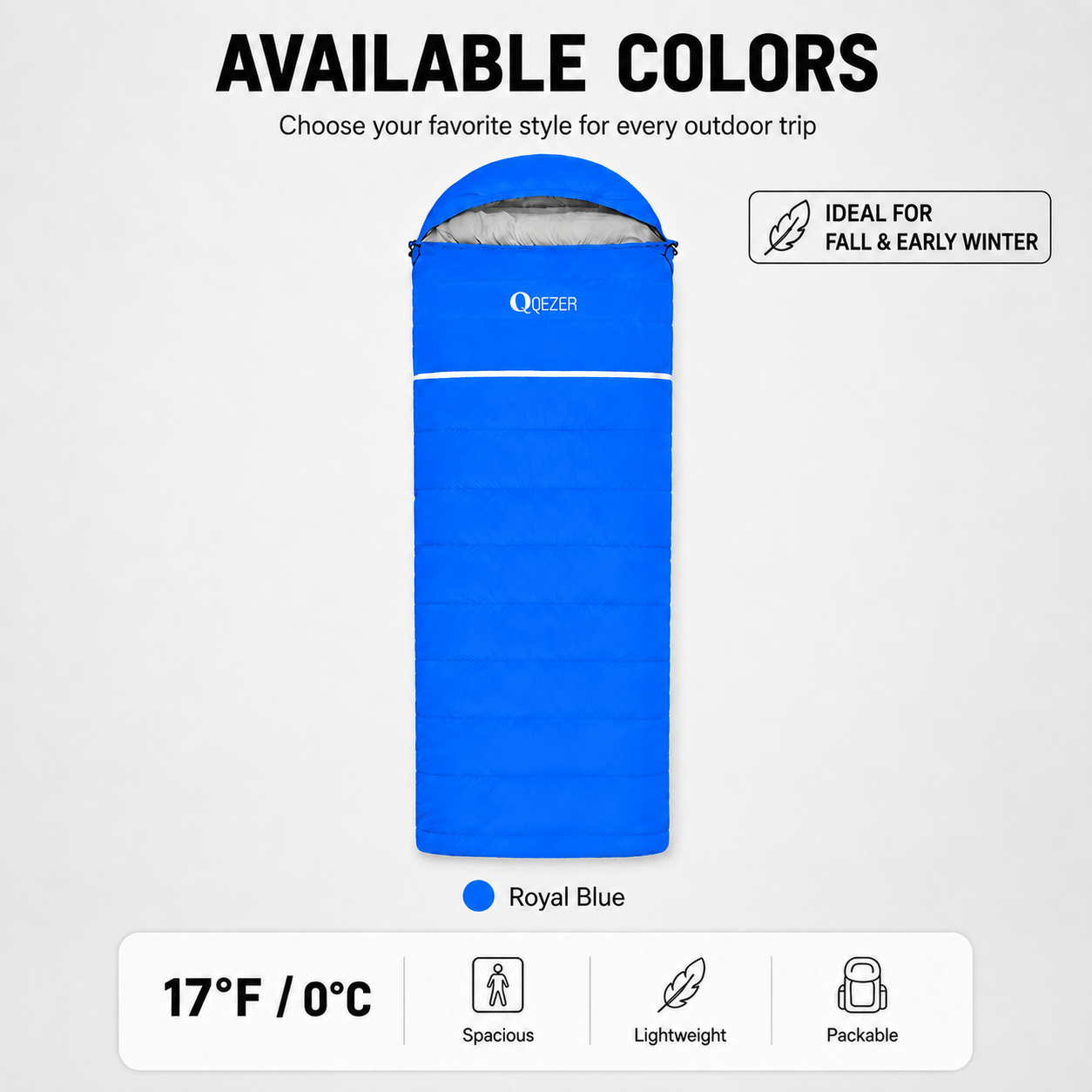 QEZER Rectangular Down Sleeping Bag for Camping & Travel