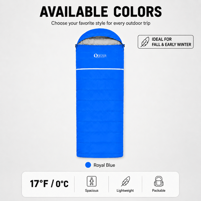 QEZER Rectangular Down Sleeping Bag for Camping & Travel