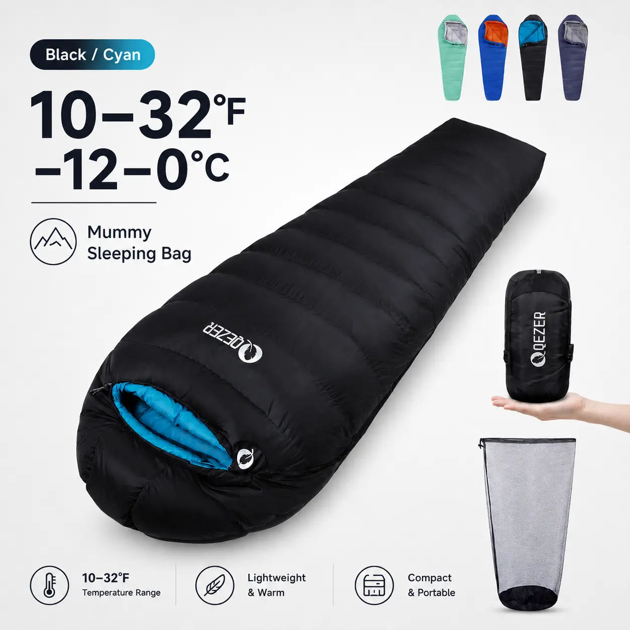 QEZER 600FP Mummy Down Sleeping Bag for Outdoor Camping & Backpacking
