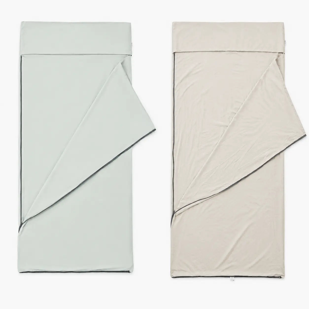 QEZER milky green sleeping bag liner shown zipped and fully opened with size measurements