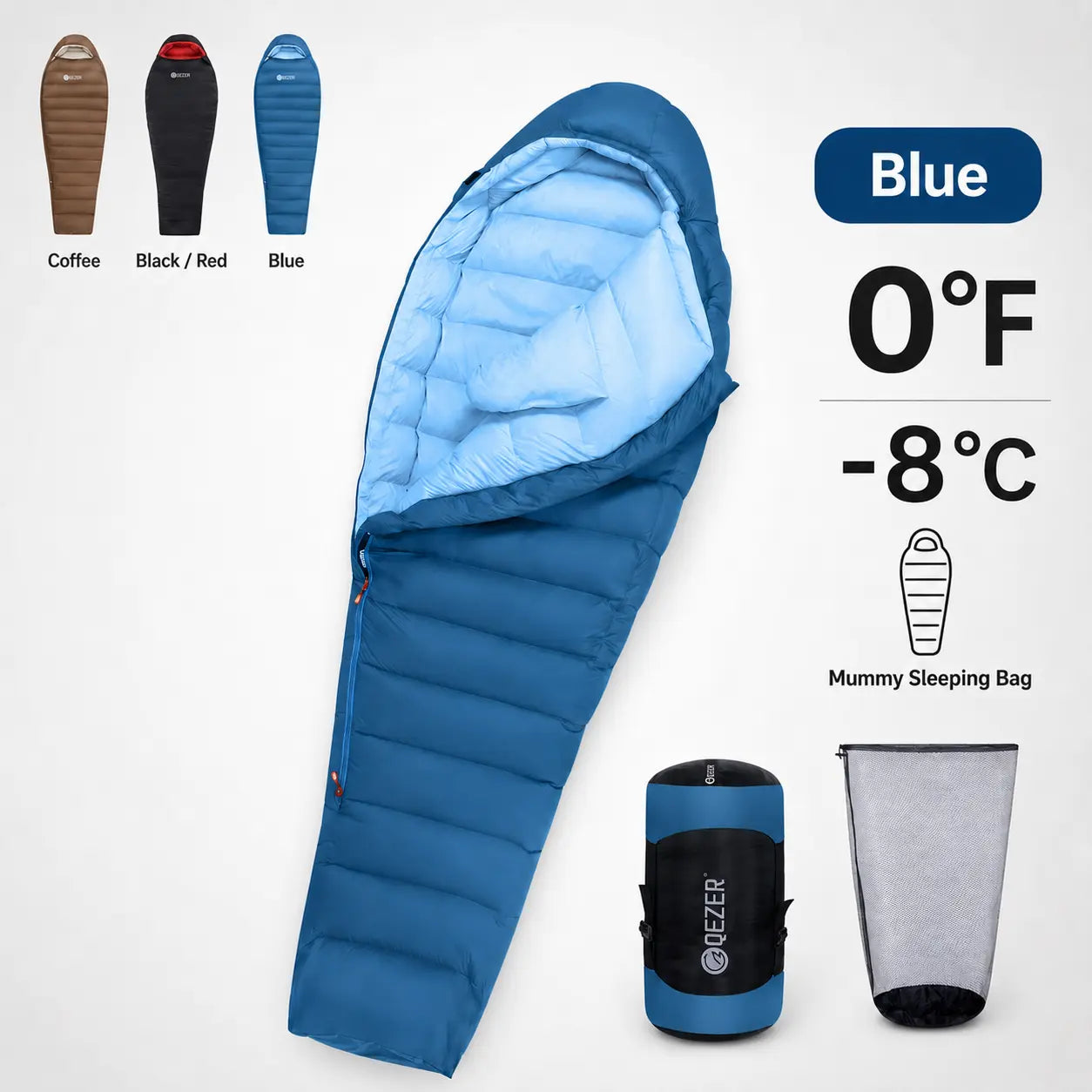 QEZER 650FP Four-Season Mummy Down Sleeping Bag for Outdoor Camping, Hiking,Backpacking