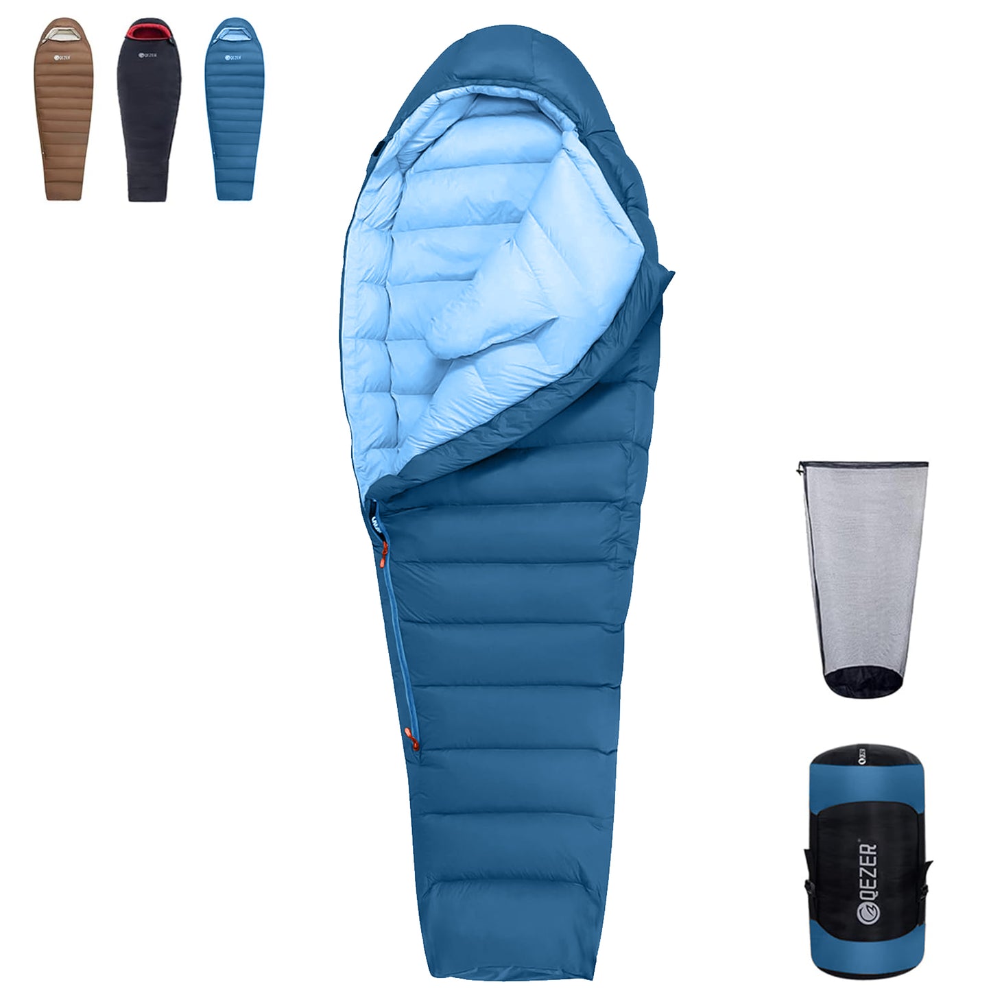 QEZER 650FP Four-Season Mummy Down Sleeping Bag for Camping, Hiking &amp; Backpacking