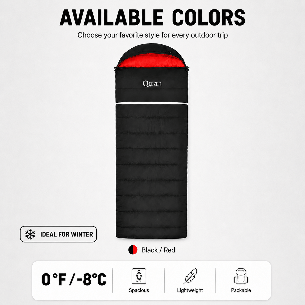 QEZER Rectangular Down Sleeping Bag for Camping & Travel