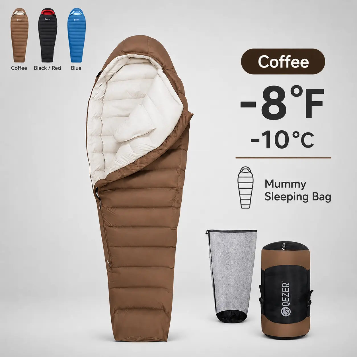 QEZER 650FP Four-Season Mummy Down Sleeping Bag for Outdoor Camping, Hiking,Backpacking