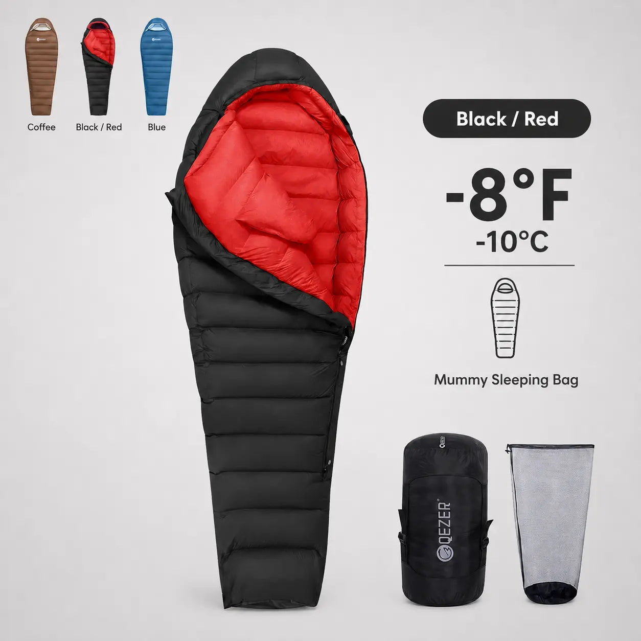 QEZER 650FP Four-Season Mummy Down Sleeping Bag for Outdoor Camping, Hiking,Backpacking