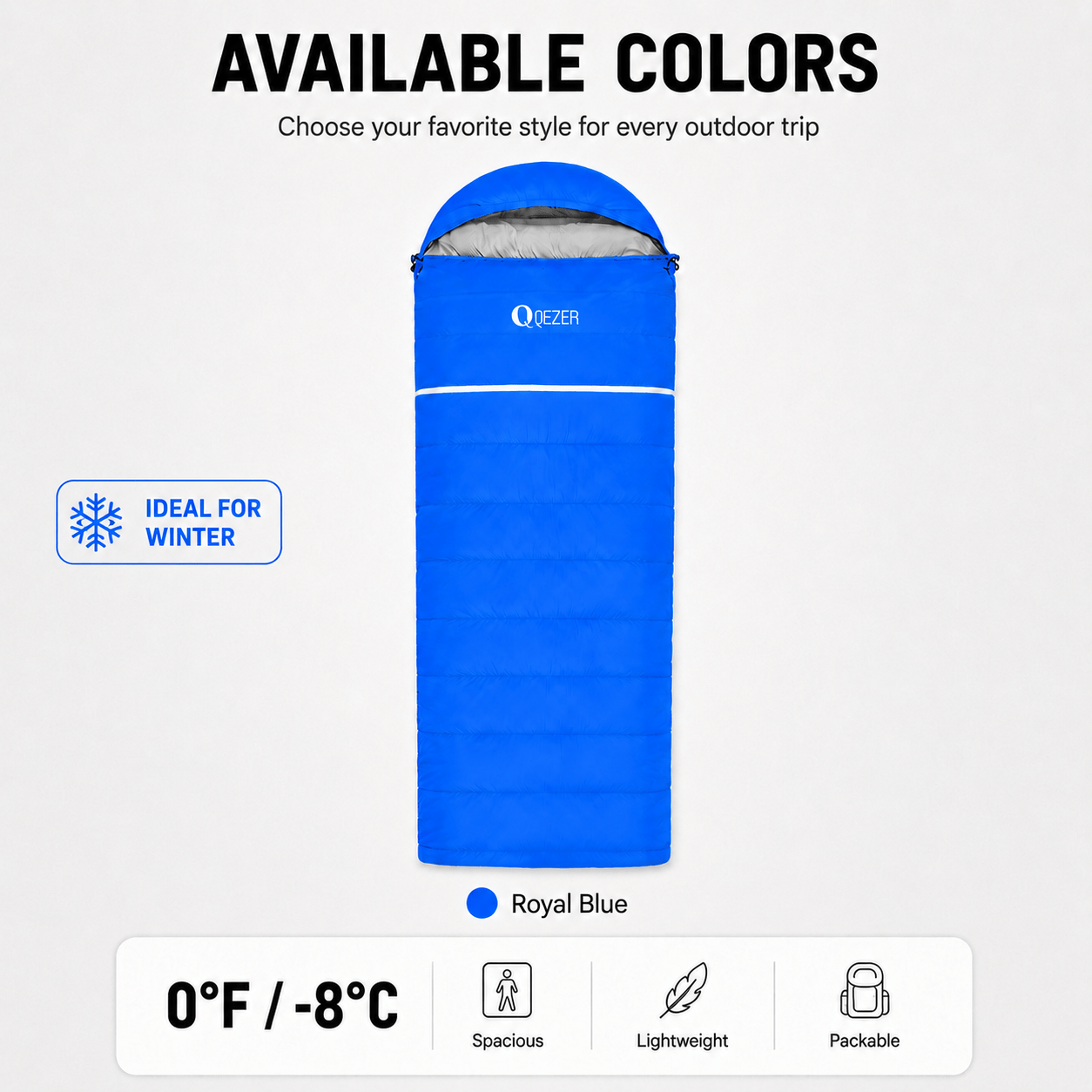 QEZER Rectangular Down Sleeping Bag for Camping & Travel