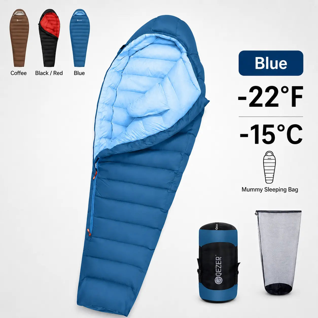 QEZER 650FP Four-Season Mummy Down Sleeping Bag for Outdoor Camping, Hiking,Backpacking