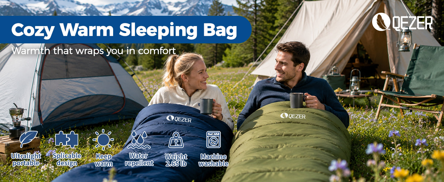QEZER 3-Season Lightweight Sleeping Bag | Machine Washable Camping Sleeping Bag detail image 1