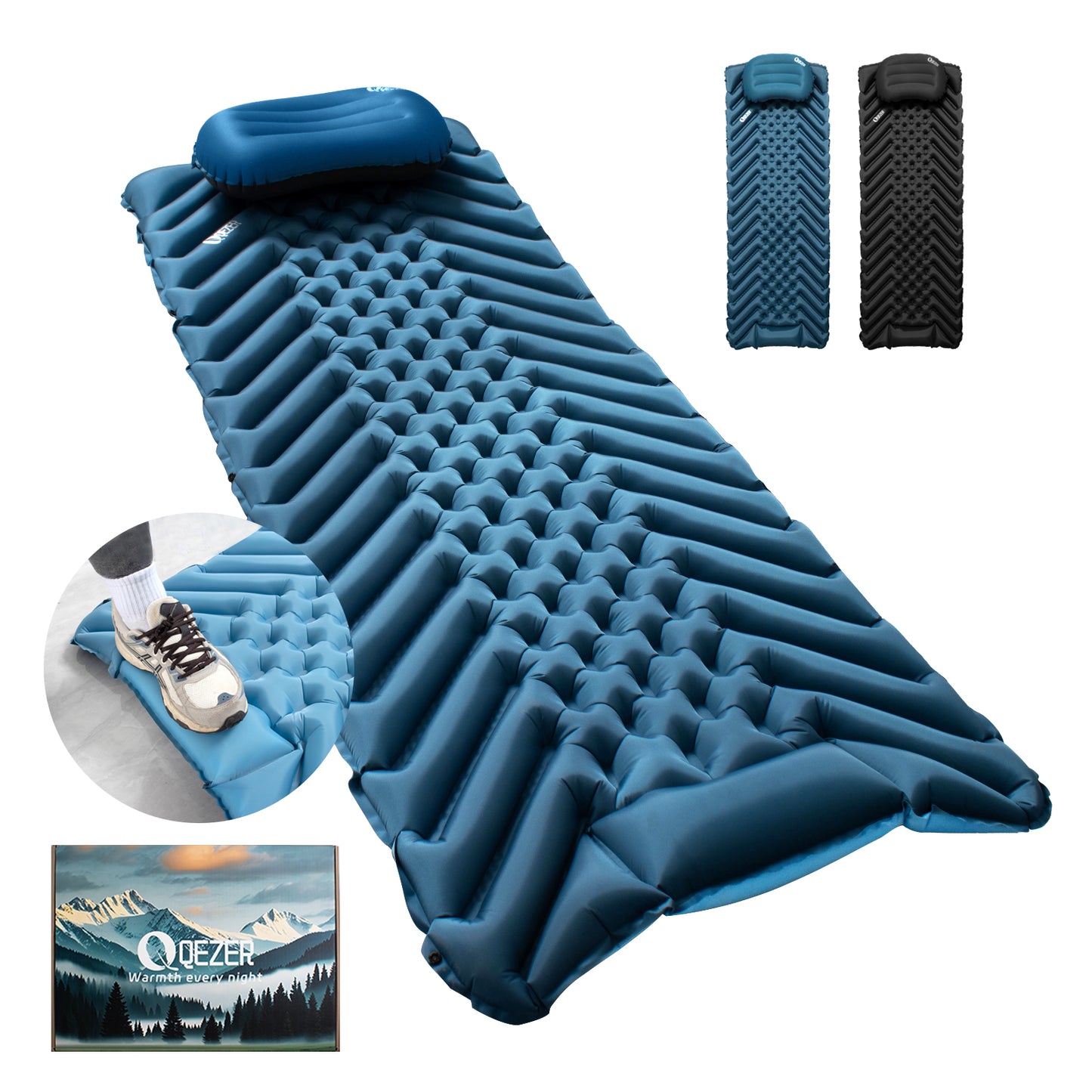 QEZER Ultralight Inflatable Sleeping Pad with Pillow for Camping Backpacking