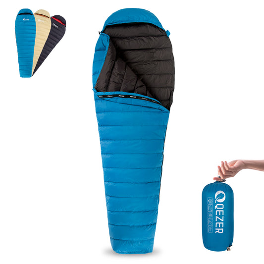 QEZER Down Sleeping Bag for Adults, Ultralight Camping Sleeping Bag 37-59 Degree F for Backpacking und Hiking Outdoor with premium 400g Duck Down