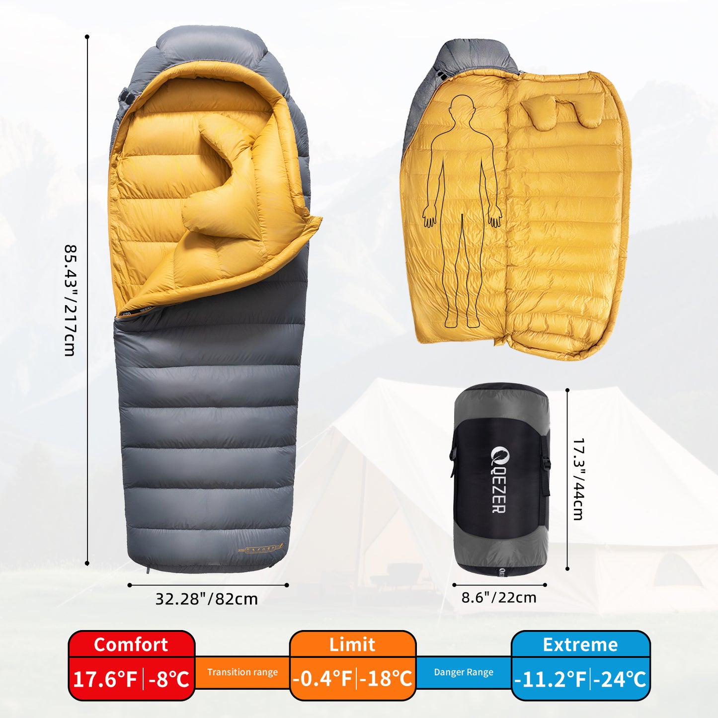 QEZER 620FP Graphene Down Sleeping Bag | Cold Weather Camping Sleeping Bag