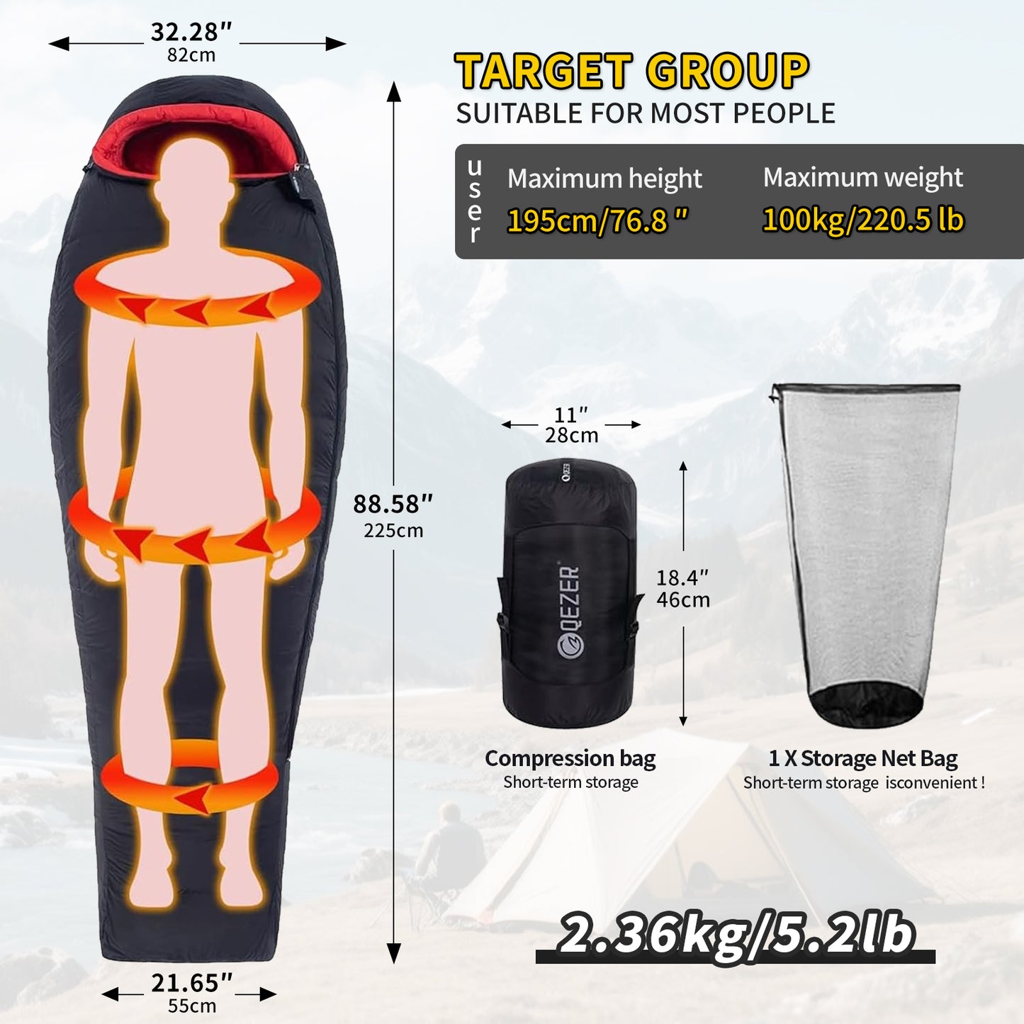QEZER Winter Down Sleeping Bag 650FP -30℃ (QDM-1800H)
