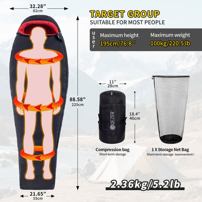 QEZER Winter Down Sleeping Bag 650FP -30℃ (QDM-1800H)