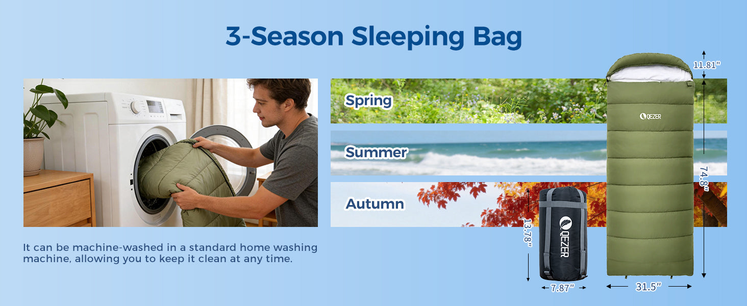 QEZER 3-Season Lightweight Sleeping Bag | Machine Washable Camping Sleeping Bag detail image 2