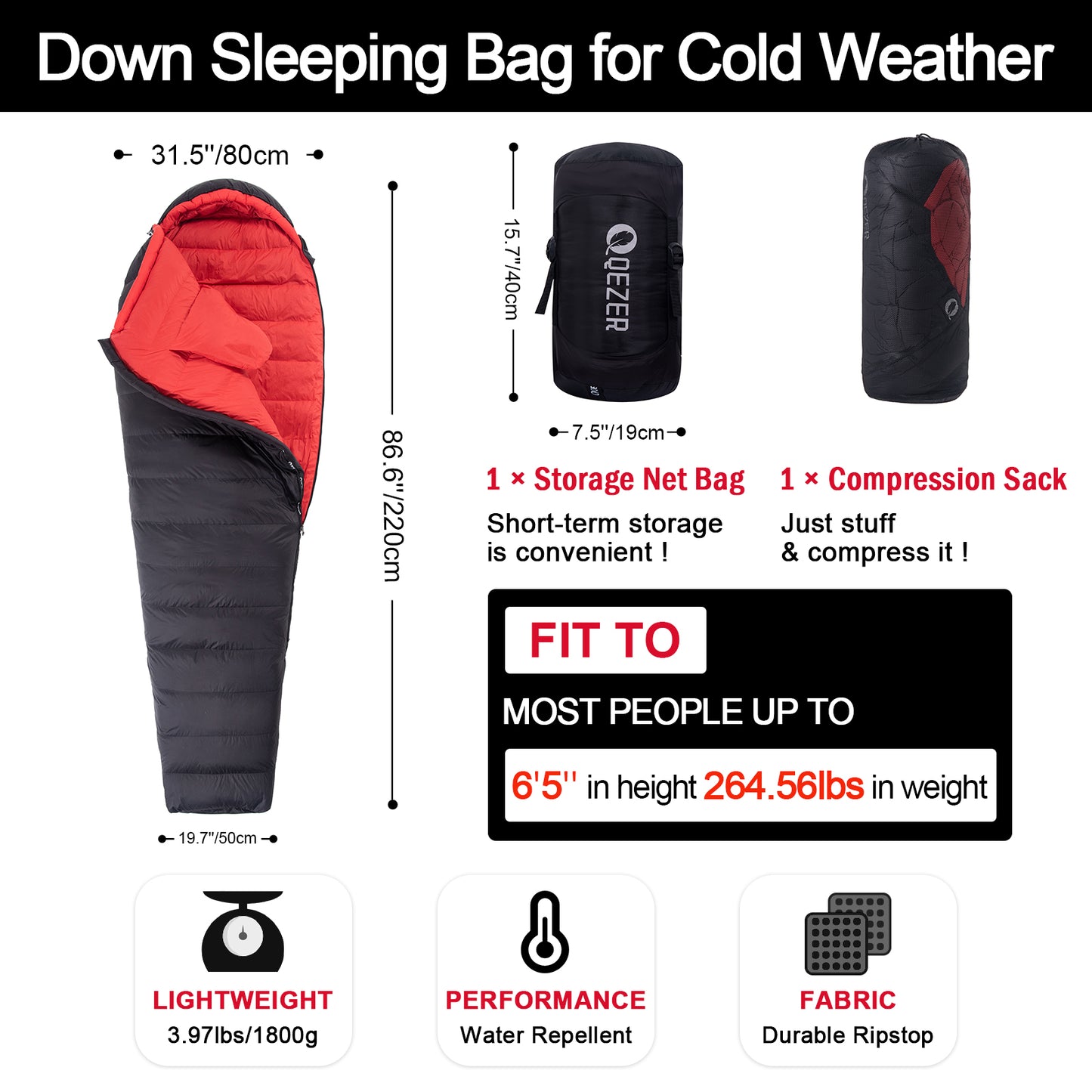 QEZER Down Sleeping Bag for Adults, -12 Degree C Winter Sleeping Bag for Camping, Hiking and Backpacking Outdoor