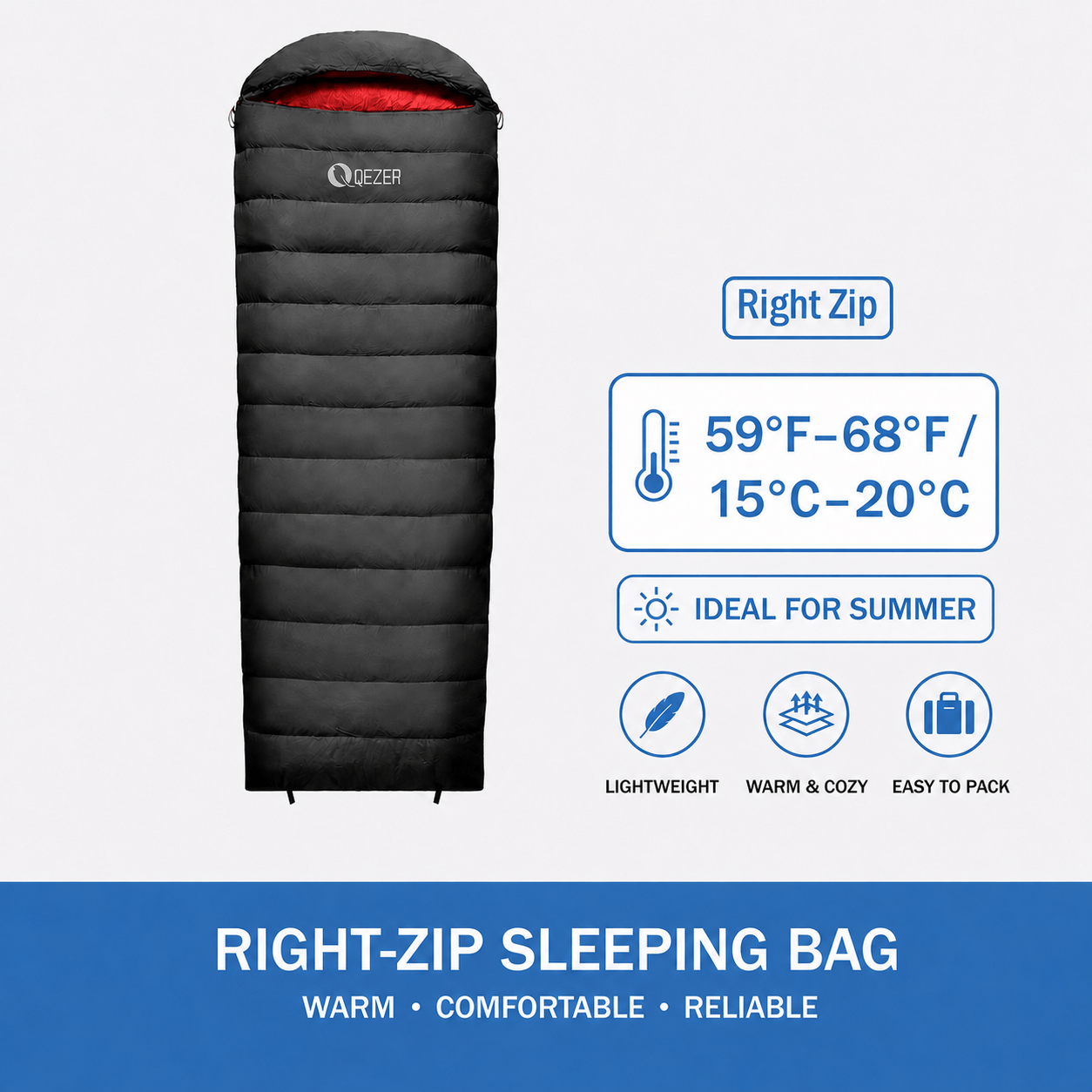 QEZER Rectangular Down Sleeping Bag for Camping & Travel
