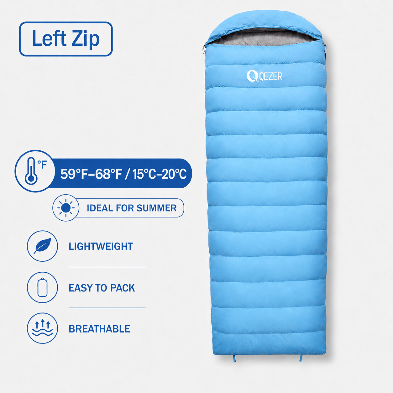 QEZER Rectangular Down Sleeping Bag for Camping & Travel