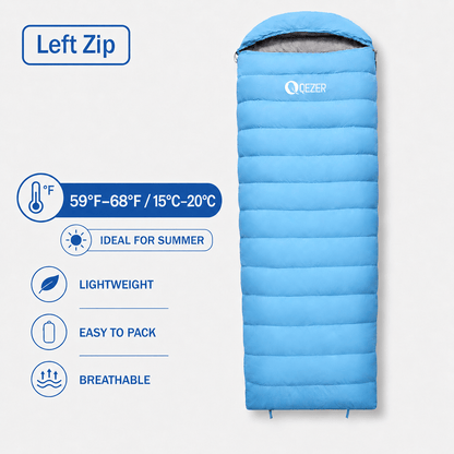 QEZER Rectangular Down Sleeping Bag for Camping & Travel