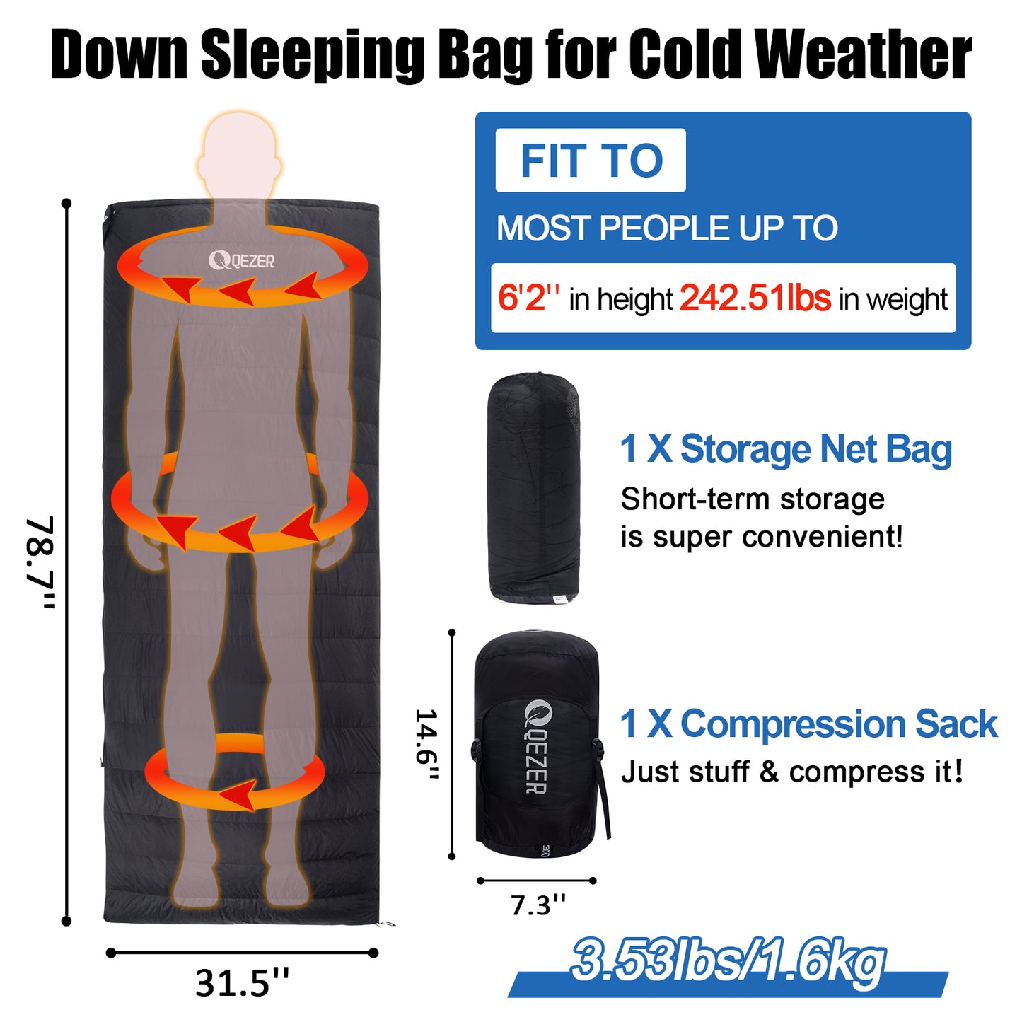 QEZER Down Sleeping Bag for Adults, Lightweight Warmer Rectangular Sleeping Bag for  Cold Weather Camping and montaineering Outdoor, can be used as the blanket