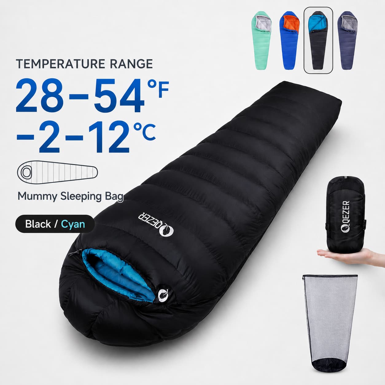 QEZER 600FP Mummy Down Sleeping Bag for Outdoor Camping & Backpacking