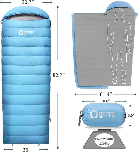 QEZER 59°F Ultralight Down Sleeping Bag | 600FP Duck Down Summer Camping Sleeping Bag