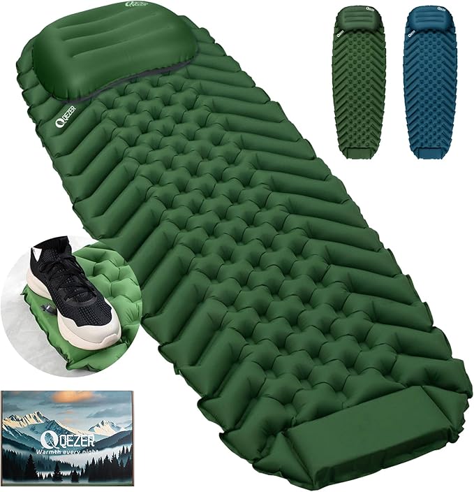 QEZER Ultralight Inflatable Sleeping Pad with Pillow for Camping Backpacking