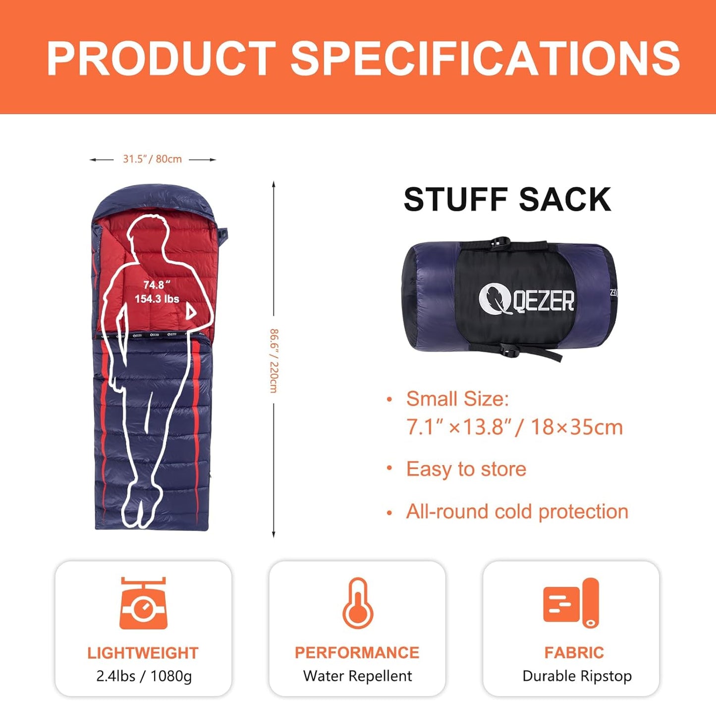 Rectangular Down Sleeping Bag 3 Season (QDE-YD500)