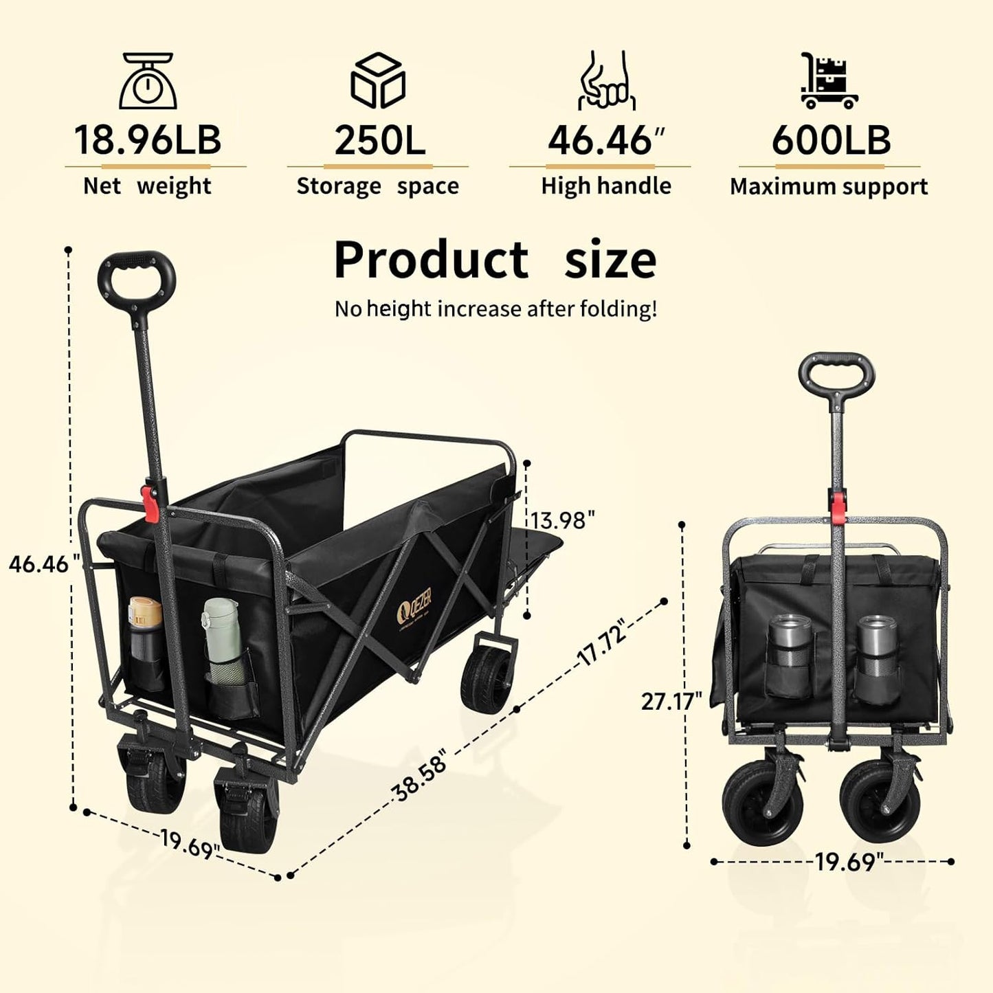 250L Collapsible Folding Wagon with Tailgate & Brake