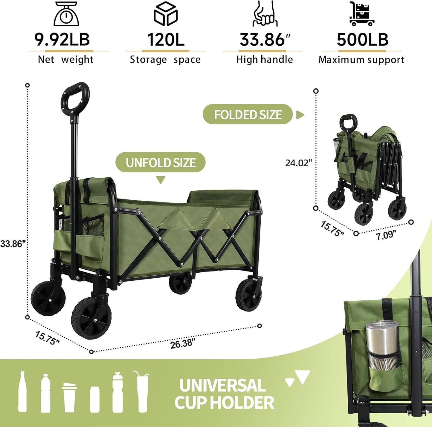 QEZER 120L Collapsible Folding Wagon Cart with All-Terrain Wheels