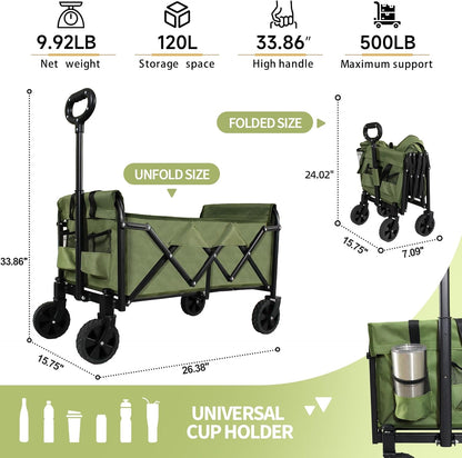 QEZER 120L Collapsible Folding Wagon Cart with All-Terrain Wheels