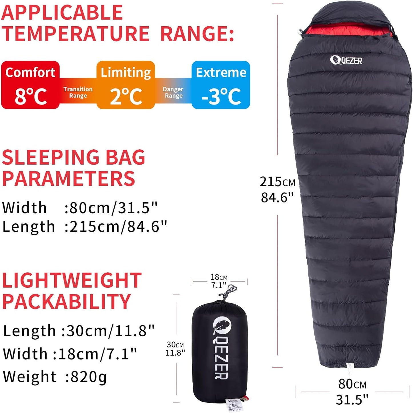 QEZER Mumien Daunenschlafsack(QDM-M500H)