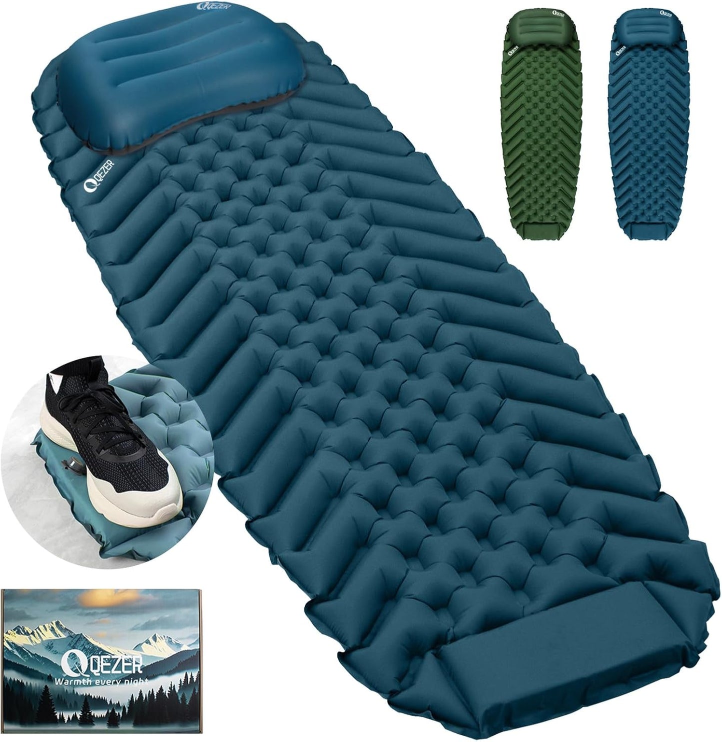 QEZER Ultralight Inflatable Sleeping Pad with Pillow for Camping Backpacking