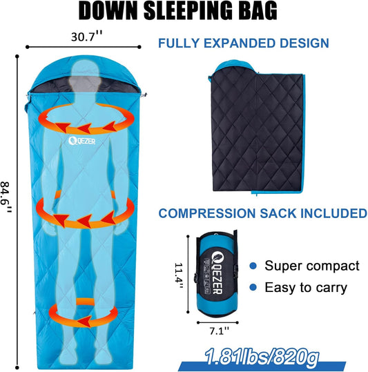 QEZER 59°F Ultralight Down Sleeping Bag | 600FP Duck Down Summer Camping Sleeping Bag