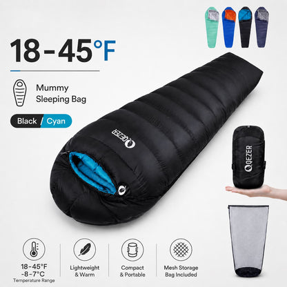 QEZER 600FP Mummy Down Sleeping Bag for Outdoor Camping & Backpacking