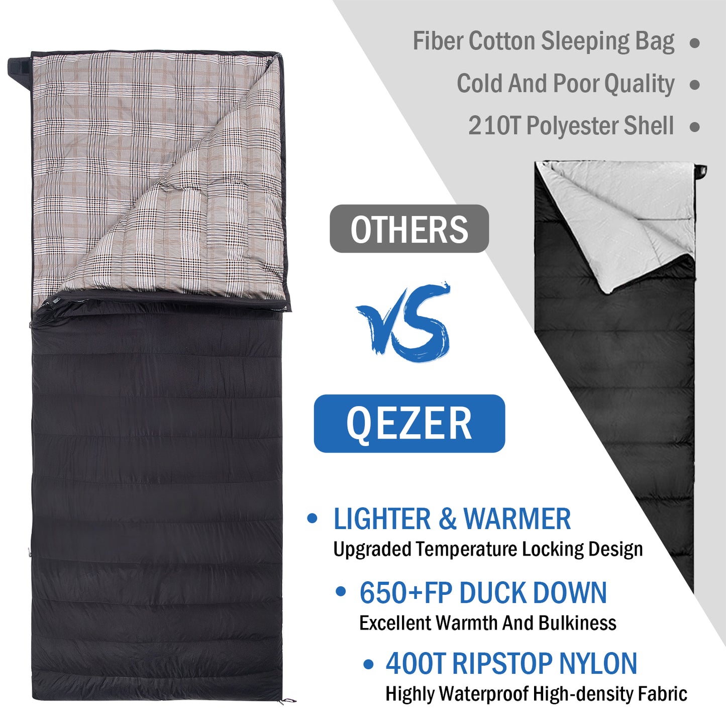 QEZER Down Sleeping Bag for Adults, Lightweight Warmer Rectangular Sleeping Bag for  Cold Weather Camping and montaineering Outdoor, can be used as the blanket