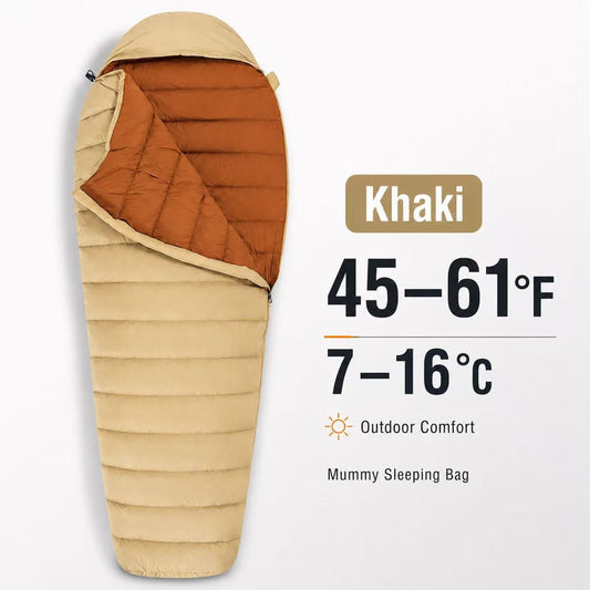 QEZER khaki down mummy sleeping bag with 45–61°F temperature range