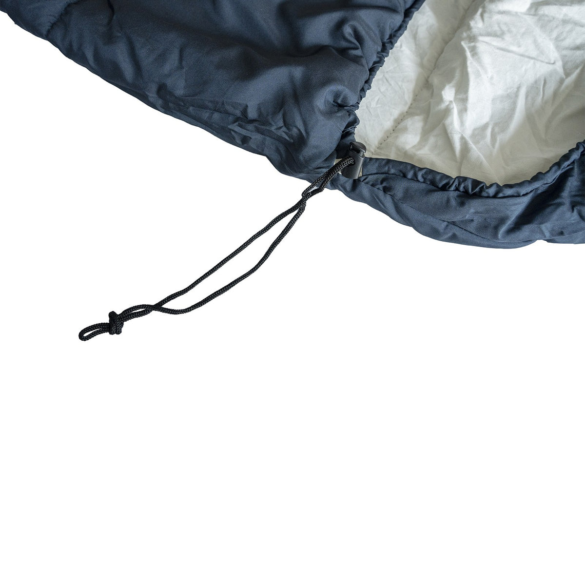 Adjustable hood drawcord and cord lock on QEZER deep blue sleeping bag