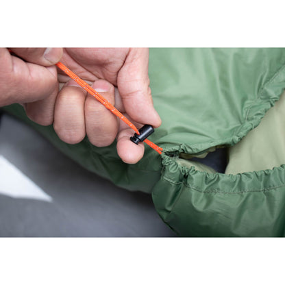Adjustable hood drawcord and cord lock on QEZER green oversized sleeping bag