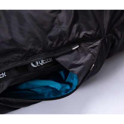 Anti-snag zipper flap and branded zipper tape on a QEZER mummy sleeping bag