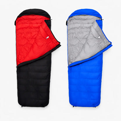 Black and blue QEZER rectangular sleeping bags shown open with contrasting inner linings
