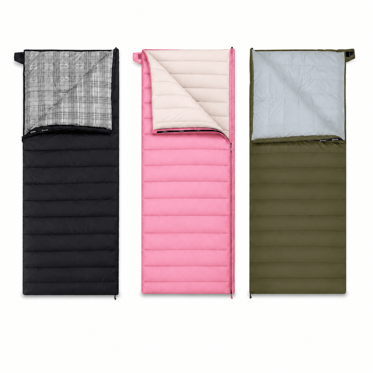 Black, pink and green QEZER sleeping bags opened to show contrasting inner linings