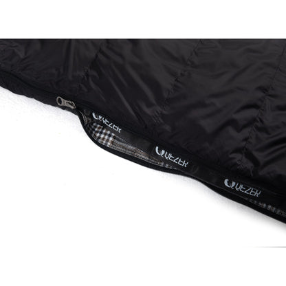Branded zipper tape and side zipper on QEZER black sleeping bag