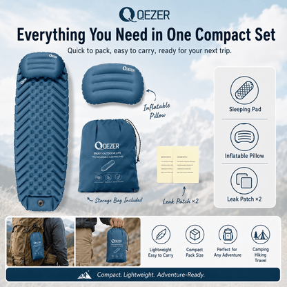 QEZER Ultralight Inflatable Sleeping Pad with Pillow for Camping Backpacking