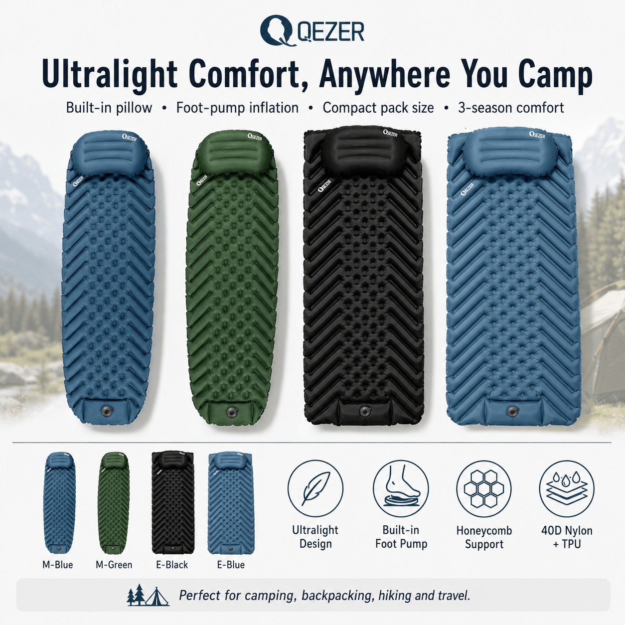 QEZER Ultralight Inflatable Sleeping Pad with Pillow for Camping Backpacking