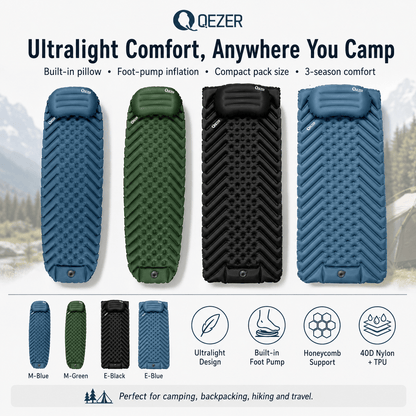 QEZER Ultralight Inflatable Sleeping Pad with Pillow for Camping Backpacking