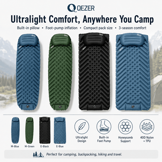 QEZER Ultralight Inflatable Sleeping Pad with Pillow for Camping Backpacking